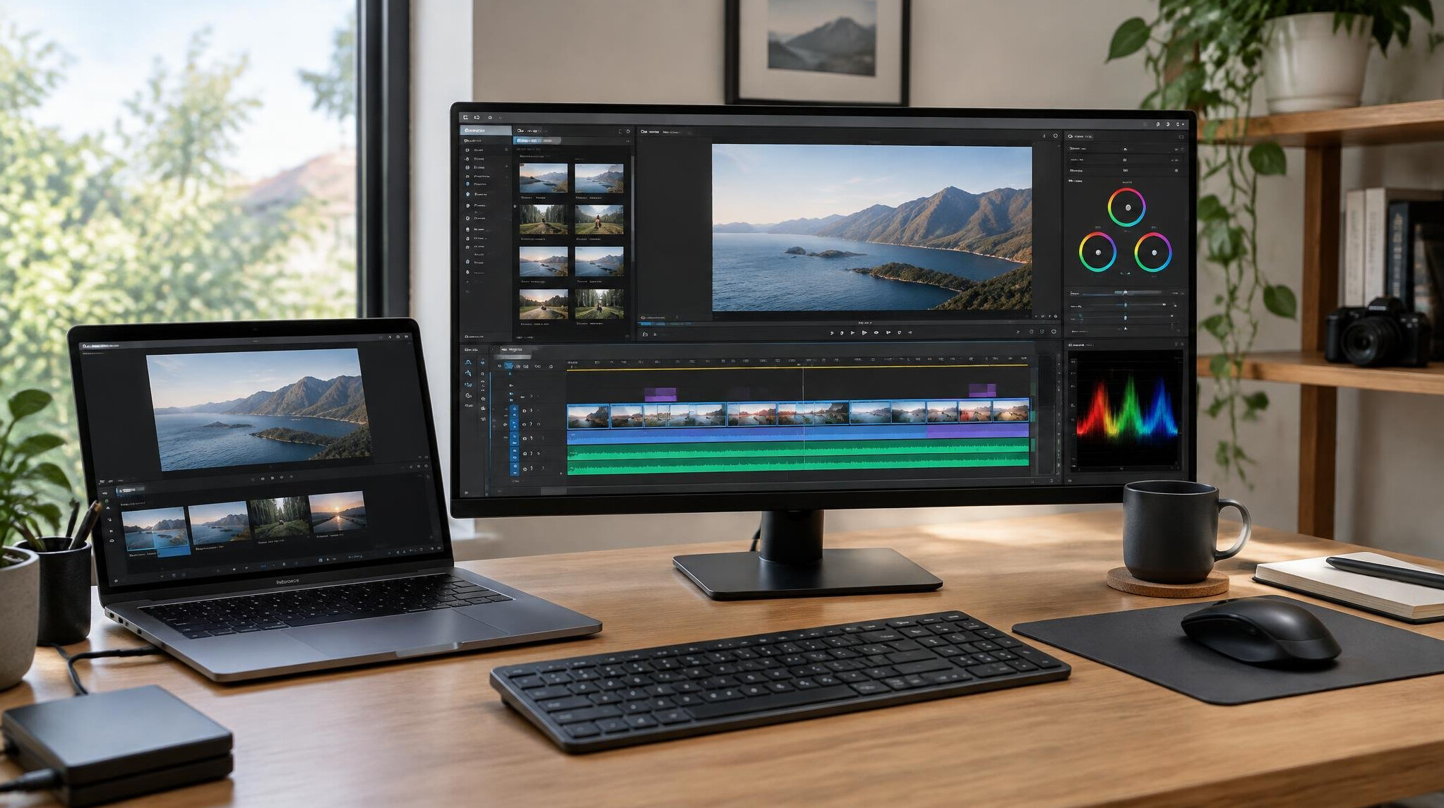Editing workstation with laptop and monitor