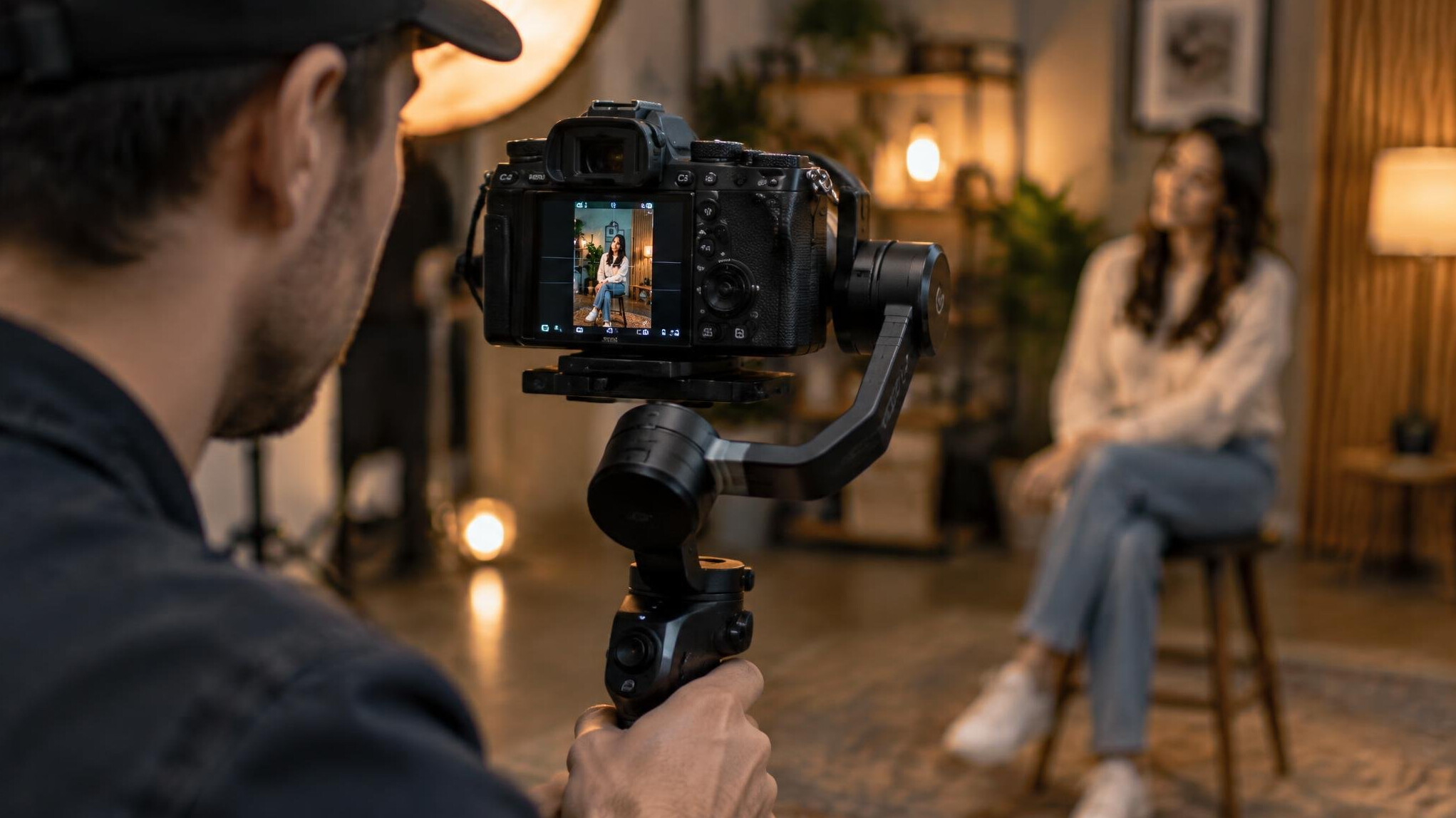 Filmmaker framing a shot with a camera
