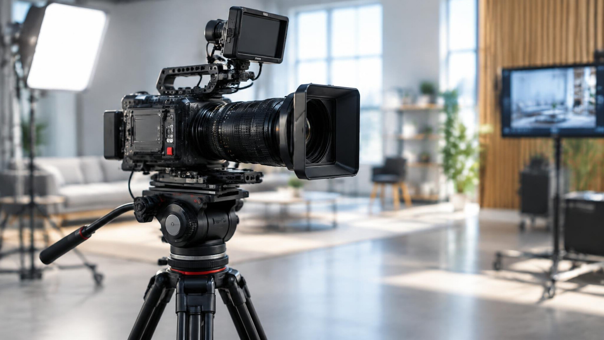 Cinema camera on a tripod in a video studio