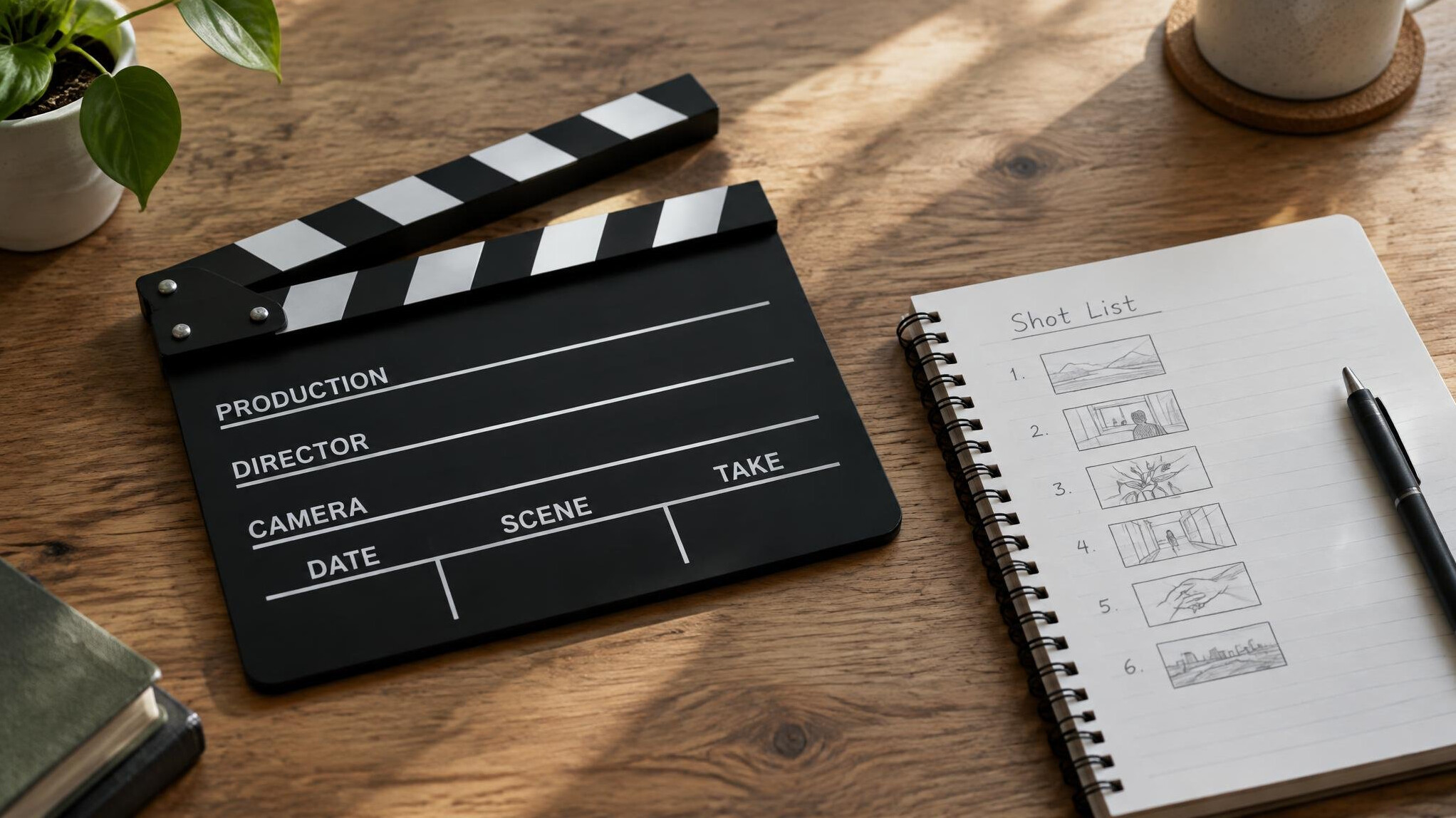 Film clapperboard on a production desk
