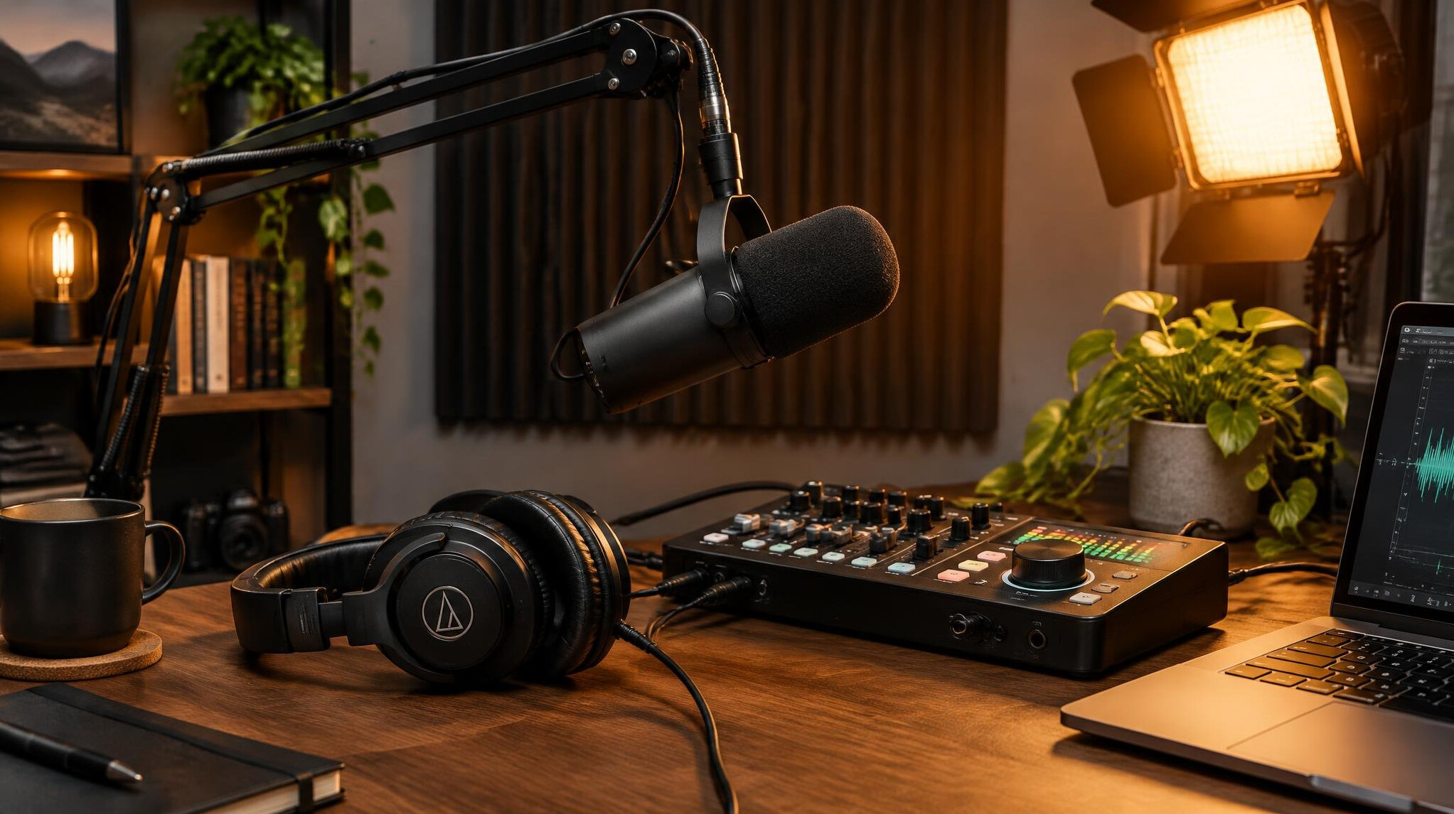 Podcast studio with microphone and headphones